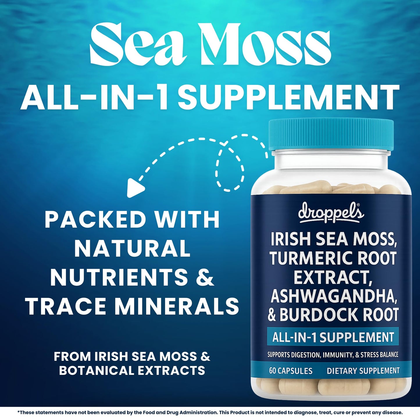 Droppels Irish Sea Moss Capsules with Turmeric Root, Ashwagandha, Black Pepper & Burdock Root – Natural Mineral Blend for Immune, Digestion, Joint & Energy Support – Vegan, Non-GMO – 60 Capsules Droppels buy supplements Au