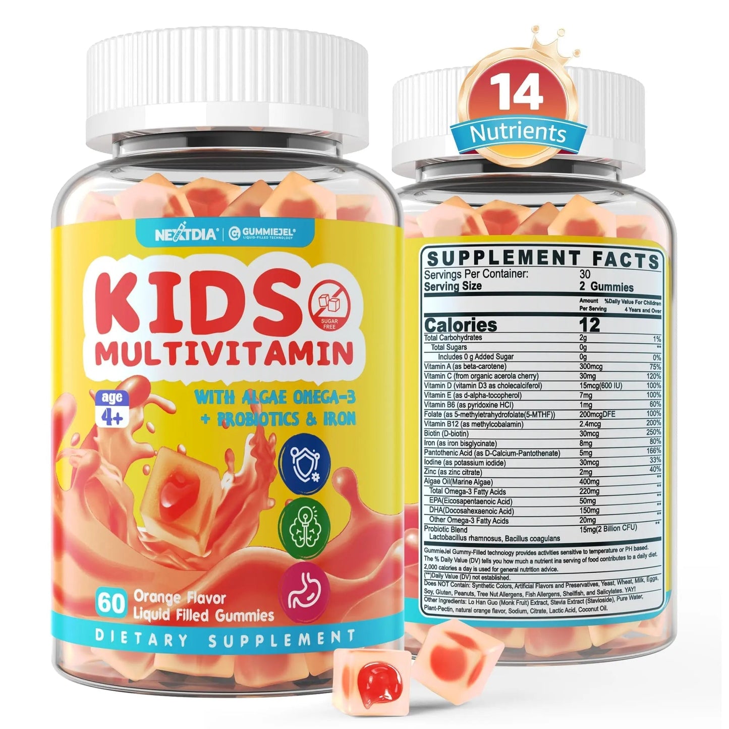 Kids Multivitamin Gummies with Iron, Sugar Free, Kids Daily Vitamins + Probiotics, Algae Omega 3 (EPA/DHA), A, C, D, Methyl B12, Folate, B6, Zinc, Biotin Nextdia