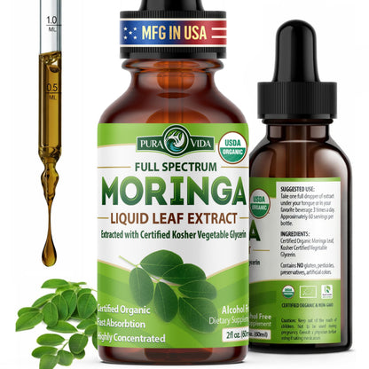 PURA VIDA MORINGA Leaf Extract Liquid Drops - USDA Organic Certified - Highly Purified, Bioavailable & Faster Absorption than Moringa Powder or Capsules