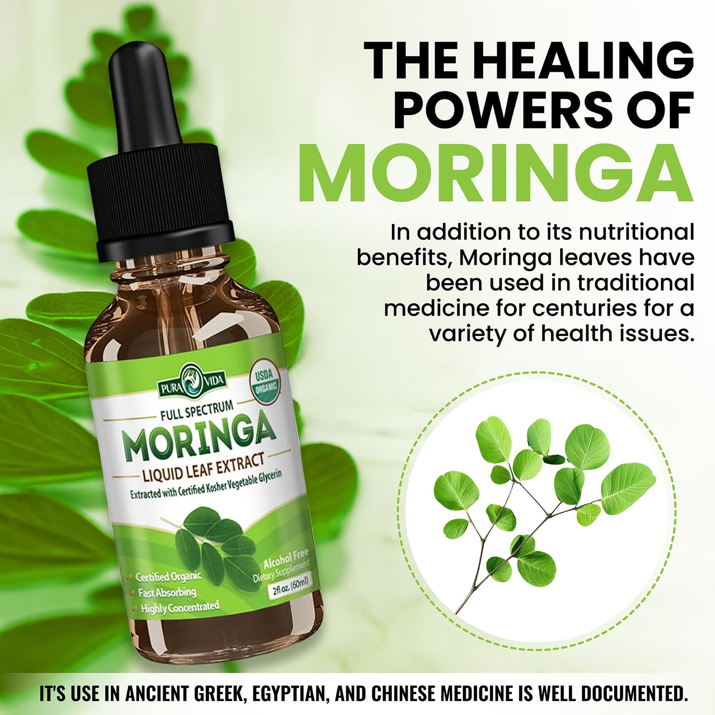 PURA VIDA MORINGA Leaf Extract Liquid Drops - USDA Organic Certified - Highly Purified, Bioavailable & Faster Absorption than Moringa Powder or Capsules
