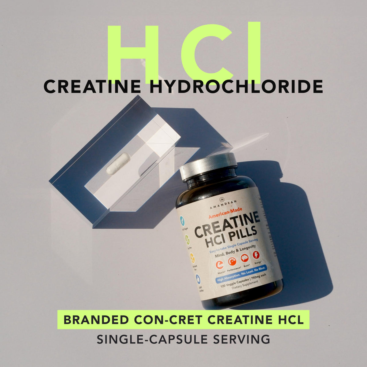AMANDEAN Creatine HCl Pills. American Made CON-CRET. 120 Capsules. 7X Concentrated. No Bloat. Muscle, Energy, Cognitive, Recovery Support for Men & Women. Gluten Free, Non-GMO.