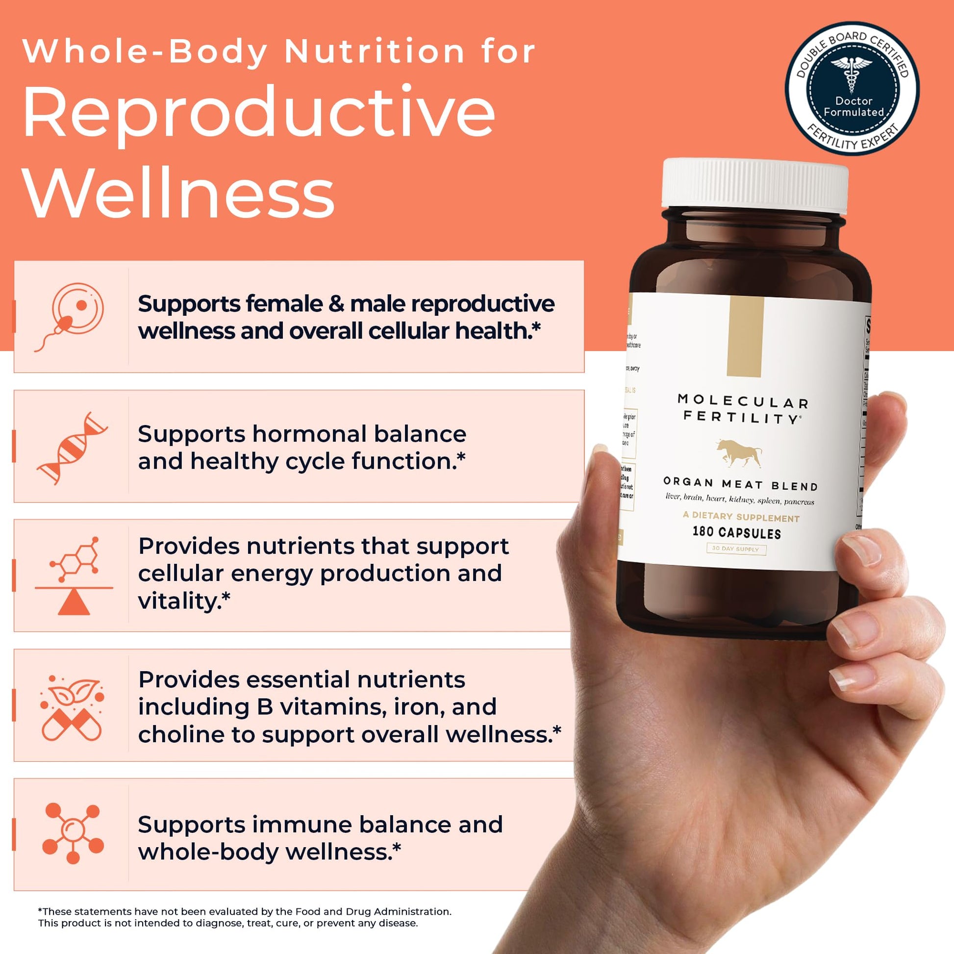 Molecular Fertility Beef Organ Complex - Pasture-Raised, Grass Fed Beef Liver, Brain, Heart, Spleen, Pancreas Blend, Healthy Hormone Balance and Fertility Supplement for Women and Men, 180 Capsules Molecular FertilityBuy Supplements Australia
