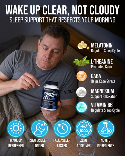 Combat ZZZ 4-in-1 Sleep Aid with Melatonin, Magnesium & L-Theanine – Non-Groggy Formula for Deep Sleep & Restful Recovery – Veteran-Founded, Made in USA (60 Capsules) | Sleep Aid for Adults Veteran Performance buy supplements Au