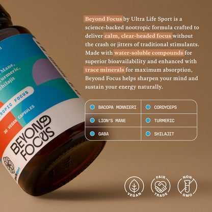 Ultra Life Sport - Beyond Focus Organic Mushroom Supplement - 30 Capsule Brain Supplements for Memory and Focus - 100% Vegan, Non-GMO - Memory Booster with Bacopa, Cordyceps, & Lion’s Mane Ultra Life Sport buy supplements Au