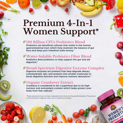 Vitalitown Probiotics for Women 120 Billion CFUs, 30 Strains, with Prebiotics & Digestive Enzymes & Cranberry, Gut & Vaginal Health, Vegan 30
