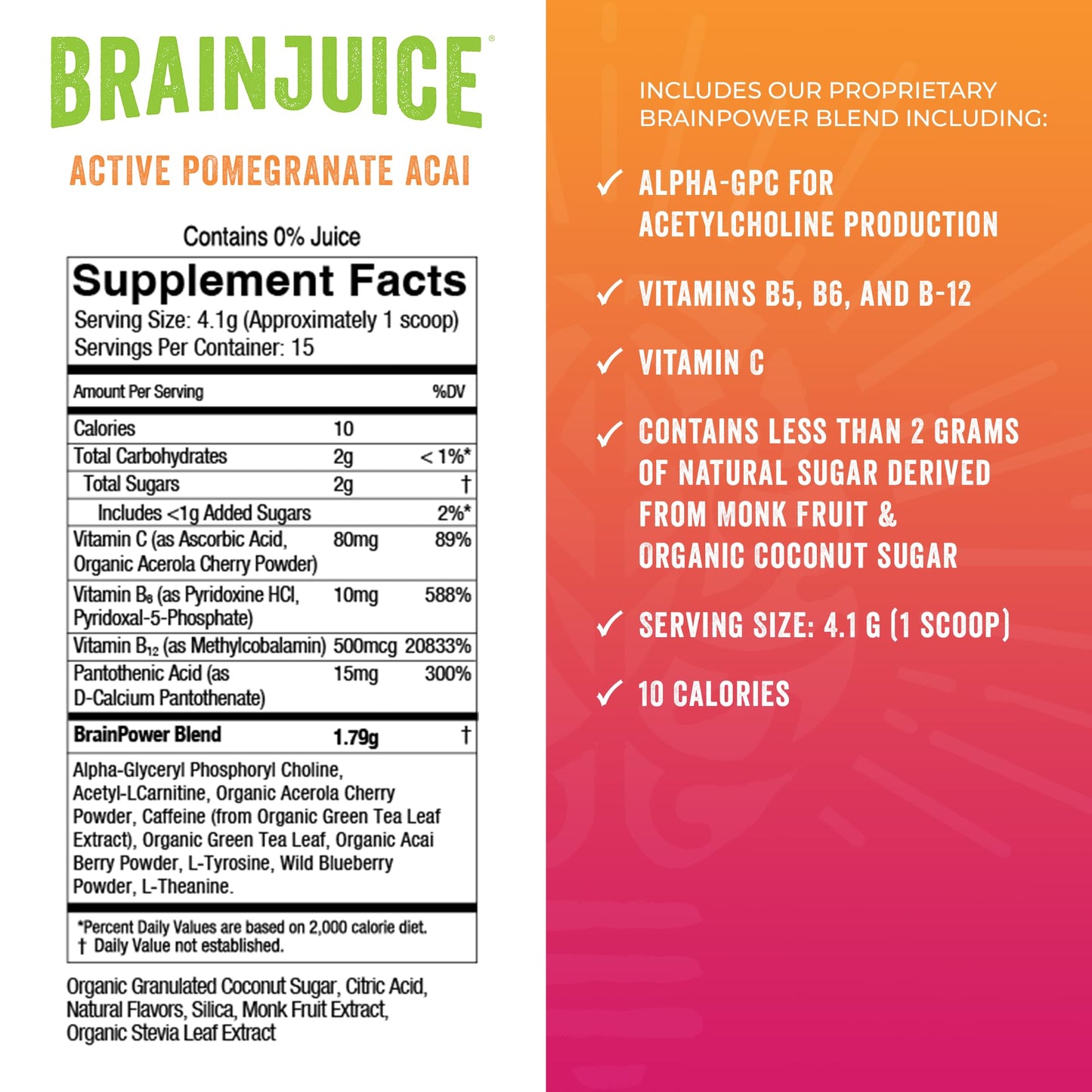 BrainJuice Nootropics Brain Support Supplement, Gluten Free Powder for Energy and Focus, Pre Workout w/Alpha GPC, Vitamin B & Organic Green Tea Extract Caffeine, Active Pomegranate Acai, 15 Servings BrainJuice buy supplements Au