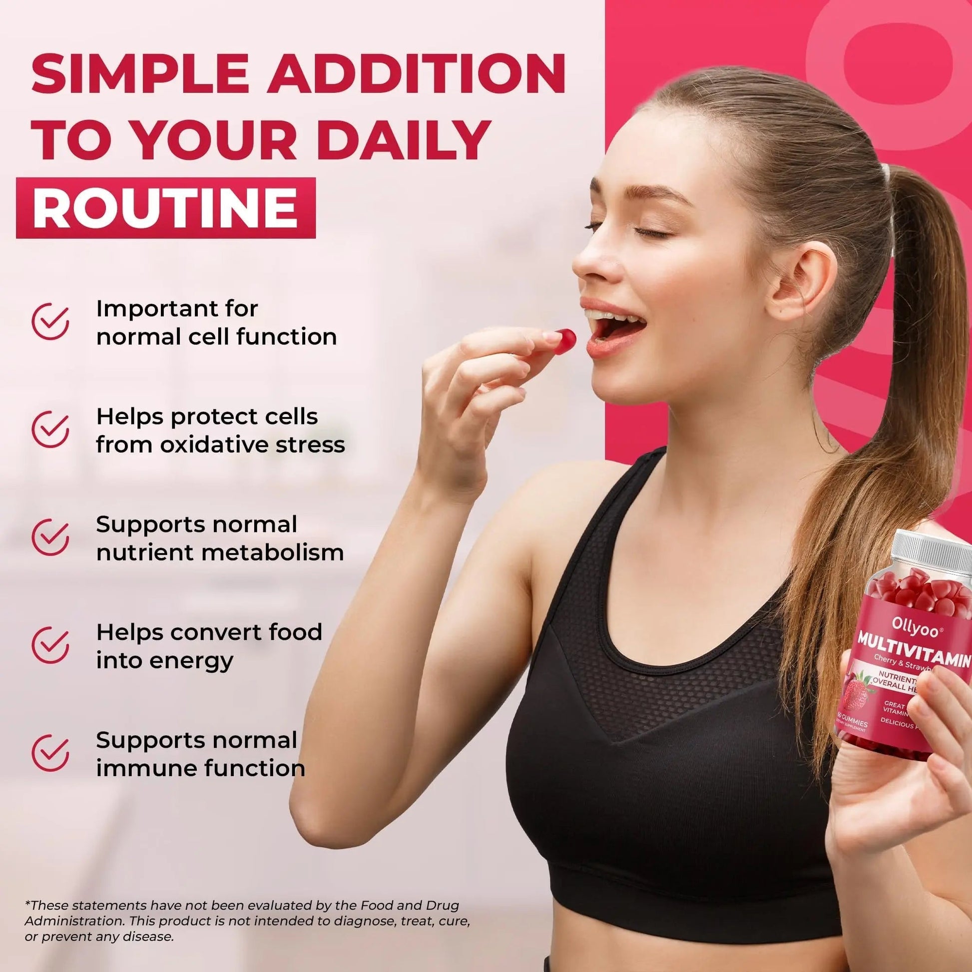 Ollyoo Multivitamin Gummies for Adults | Cherry & Strawberry Flavor | Great Source of Vitamin A & Essential Nutrients | Ollyoo