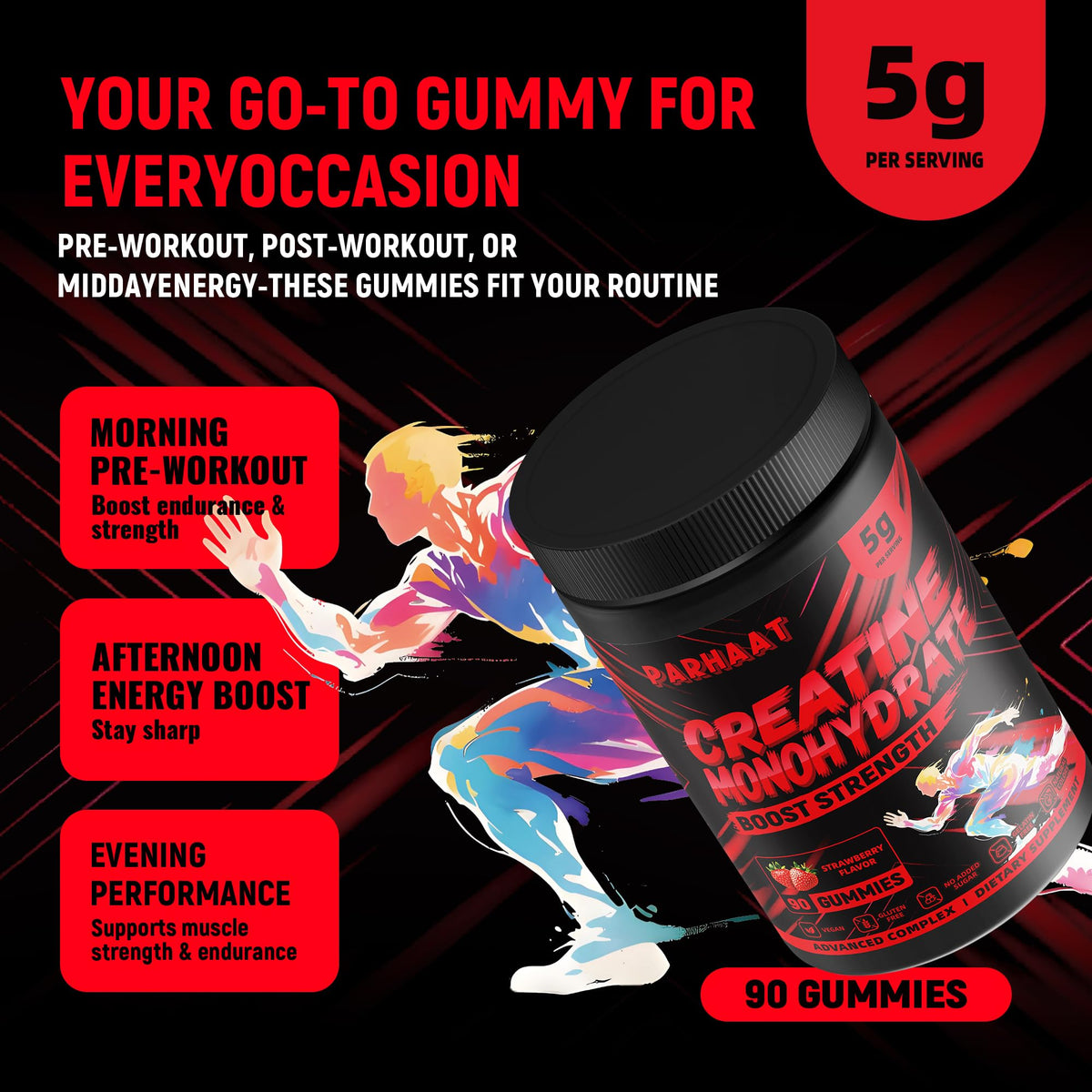 NSF Certified Creatine Gummy - Creatine Monohydrate Gummies 5g for Men & Women - Boost Focus,Strength, and Endurance, Vegan, Gluten-Free, Non-GMO, 2.5 Gram Creatine
