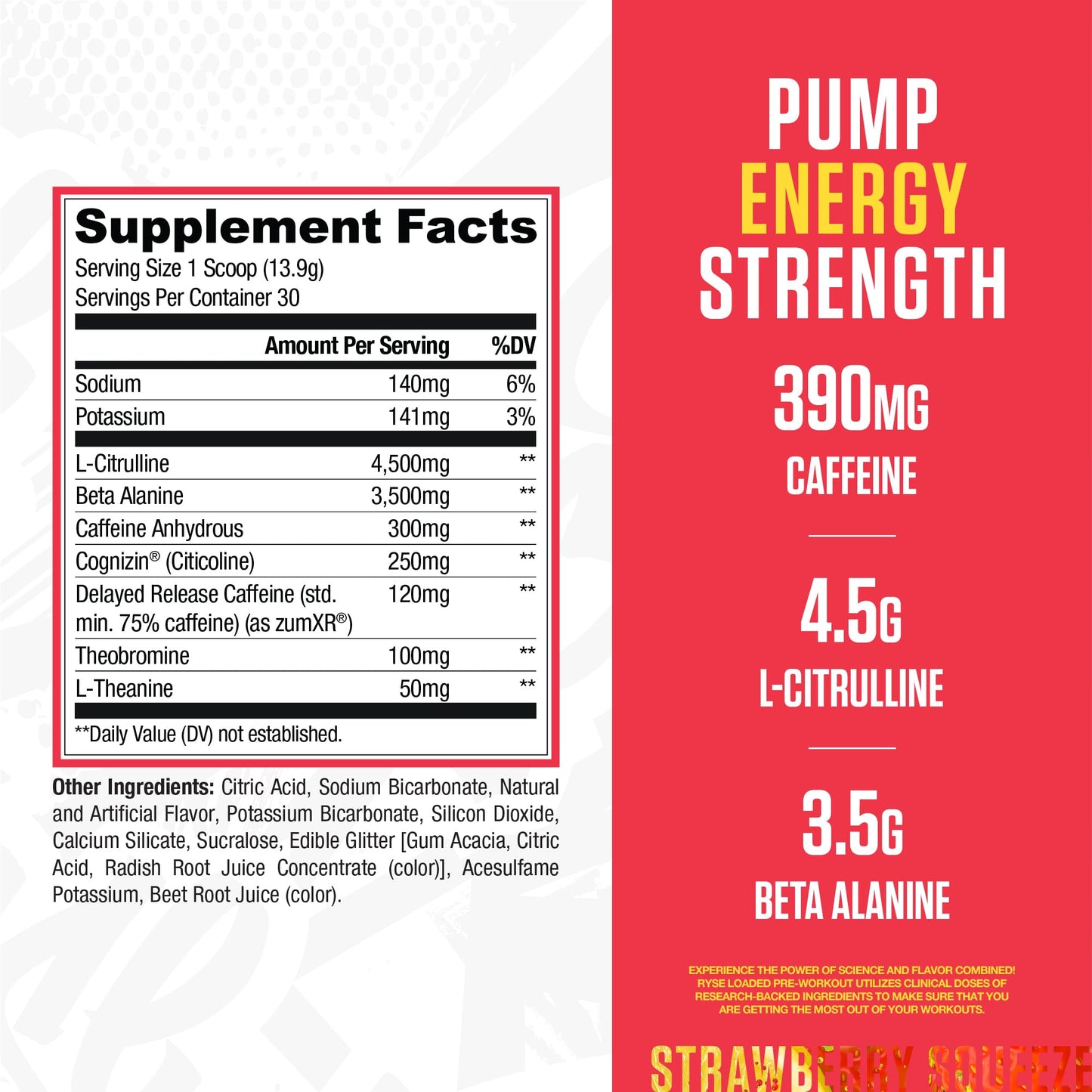 RYSE Loaded Pre Workout Powder - Strawberry Squeeze - Daily Pre-Workout for Men & Women with 390mg Caffeine, Beta Alanine, and Citrulline for Pump
