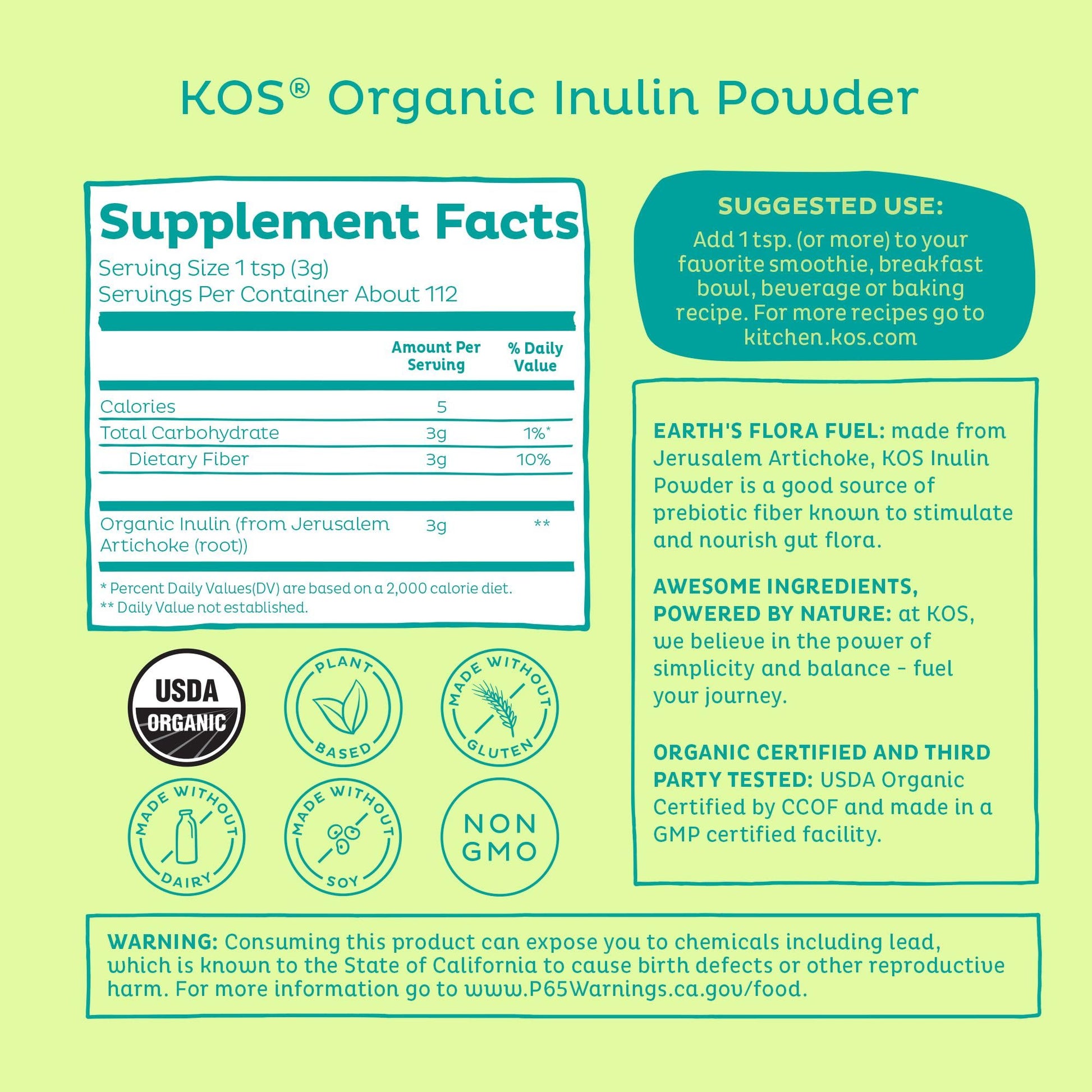 KOS Organic Inulin Powder, Unflavored & Unsweetened Superfood - Vegan Inulin for Prebiotic Intestinal Support, Digestive Health Promoting - USDA Certified, Non-GMO, Soy & Gluten-Free, 112 Servings Bag KOS buy supplements Au