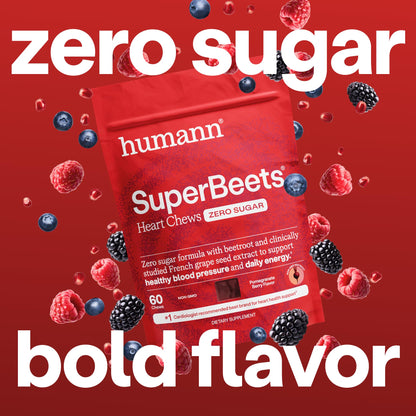 Humann SuperBeets Heart Chews Zero Sugar, Beet Root Supplement, Energy, Nitric Oxide and Blood Pressure Support, Grape Seed Extract & Non-GMO