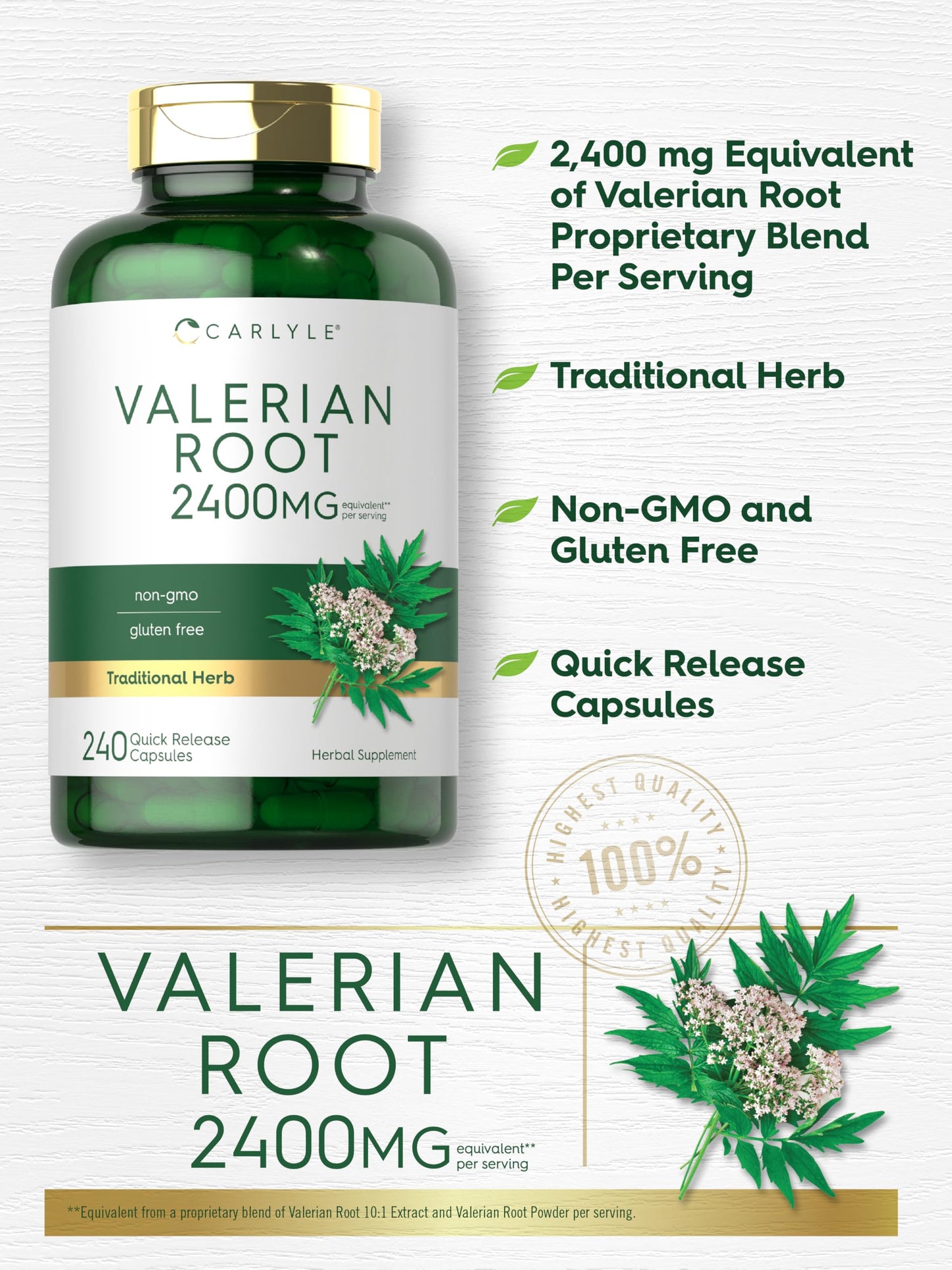 Carlyle Valerian Root Capsules | 240 Count | Herb Extract Supplement | Non-GMO, Gluten Free