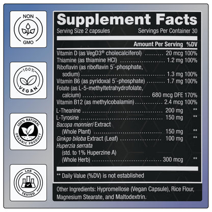 11-in-1 Nootropic Supplement: Supports Memory & Cognition - 100mg Ginkgo 150mg Bacopa 300mcg Huperzine 200mg L-Theanine 150mg L-Tyrosine & Bioactive B-Complex w/ 5-MTHF - 1,100mg+ Serving - 60 Count NOVIQBuy Supplements Australia