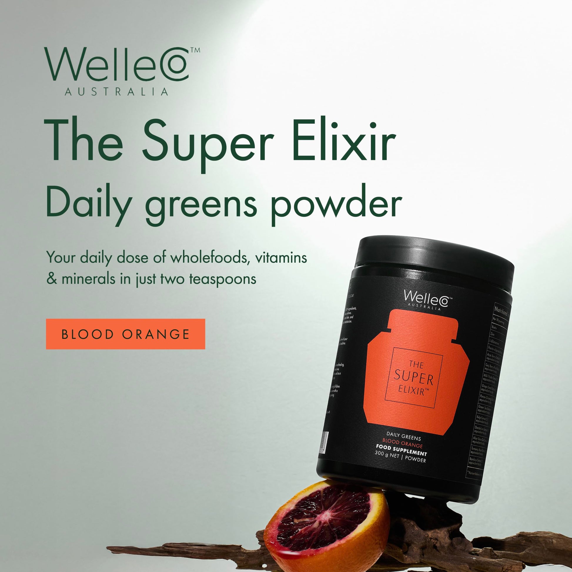WelleCo The Super Elixir Daily Greens Powder, Probiotic Drink Mix with Whole Foods, Gluten Free, Vegan Gut Health Powder, Energy, Immunity, Healthy Skin, Hair & Nails (Jar, Blood Orange) WelleCo buy supplements Au