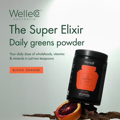 WelleCo The Super Elixir Daily Greens Powder, Probiotic Drink Mix with Whole Foods, Gluten Free, Vegan Gut Health Powder, Energy, Immunity, Healthy Skin, Hair & Nails (Jar, Blood Orange) WelleCo buy supplements Au