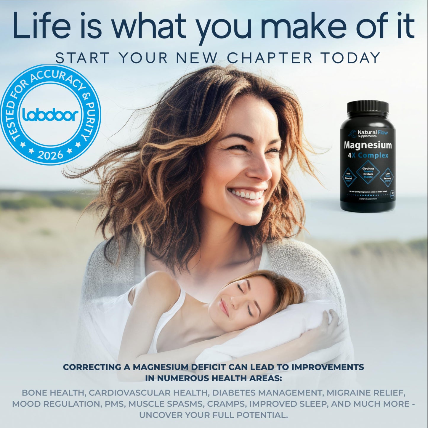 Natural Flow 4X Magnesium Supplement, Magnesium Glycinate, Taurate, Malate, Orotate Complex, Calm Sleep and Cramp Support Blend