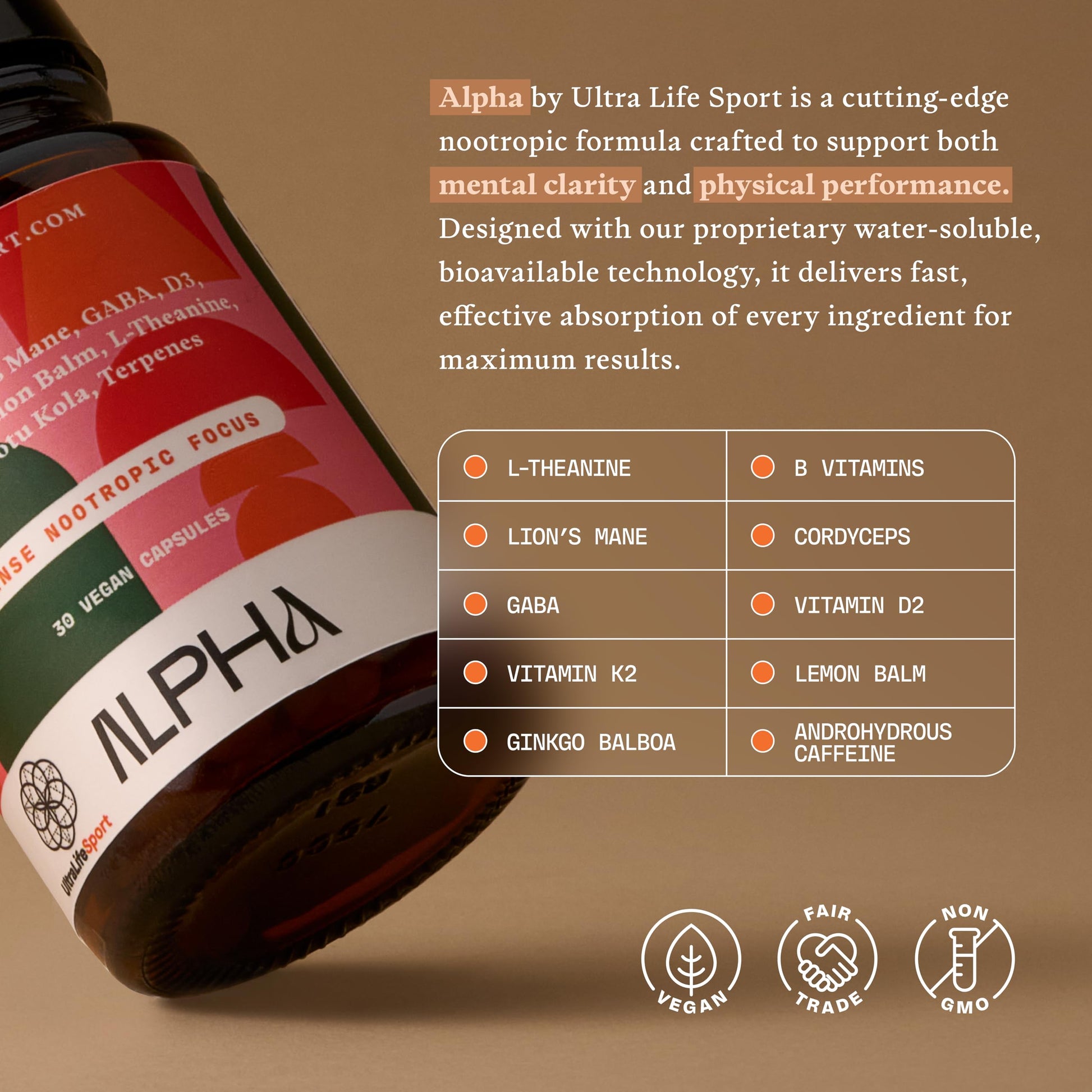 Ultra Life Sport - Alpha Nootropic - 30 Capsule Body and Brain Supplements for Memory and Focus - L-Theanine, B Vitamins, Lion's Mane, Cordyceps Mushrooms, Vitamin D3, K2 MK-7, Lemon Balm and Ginkgo Ultra Life Sport buy supplements Au