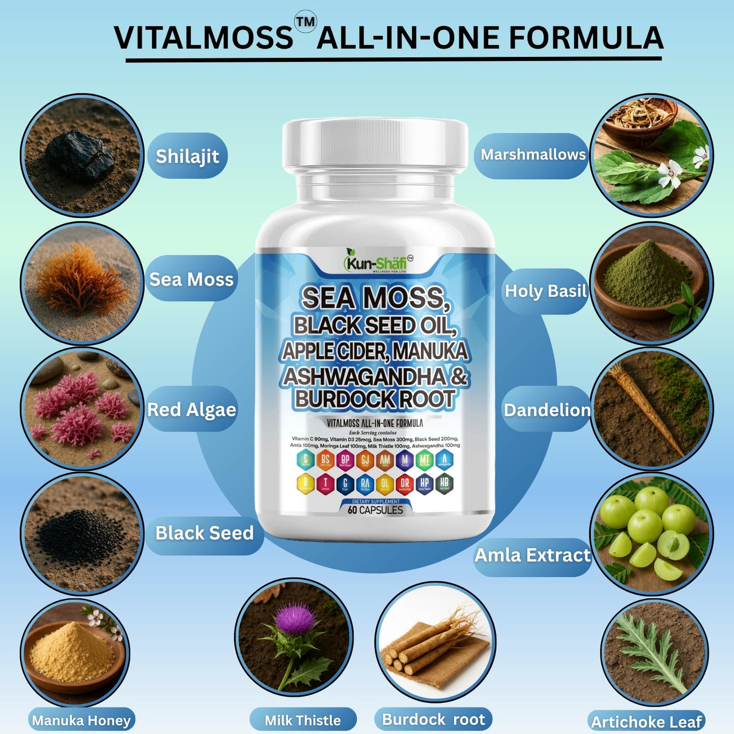 Kun Shafi Sea Moss Complex – with Black Seed Oil, Shilajit, Amla, Moringa, Turmeric, Ashwagandha & Burdock – Enriched with Vitamin C, D3, Chlorophyll, Manuka & Ginger – 60 Capsules Kun Shafi buy supplements Au