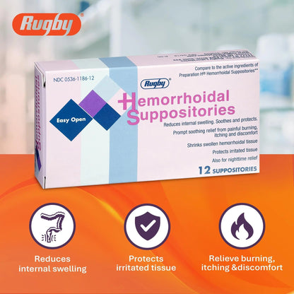 Rugby Hemorrhoidal Suppositories - Soothing and Shrinking Action for Internal Hemorrhoids with Cocoa Butter and Phenylephrine HCl, Easy Open Design - 12 Count RUGBY LABORATORIESBuy Supplements Australia