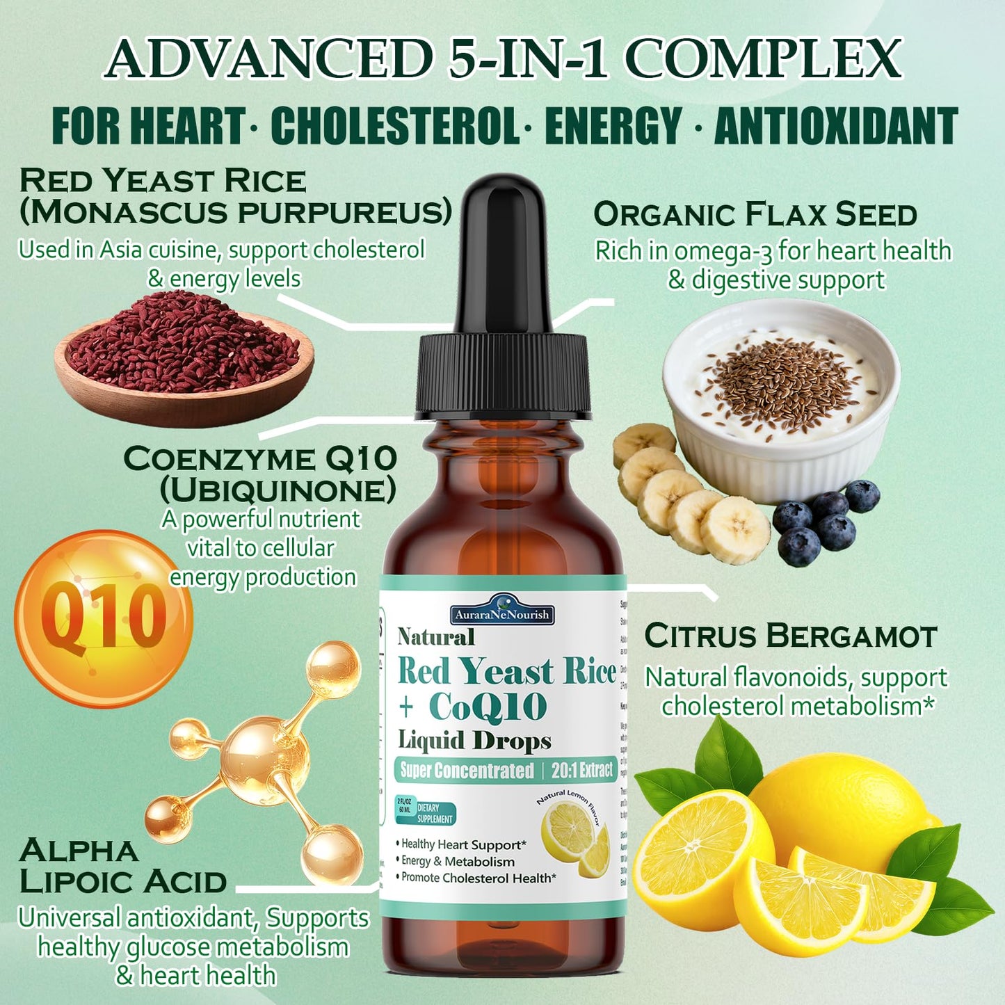 Liposomal Red Yeast Rice with Coq10 Liquid Drops, 5-in-1 Extra Strength 1200mg Cholesterol & Heart Support w. Citrus Bergamot Alpha Lipoic Acid | Cholesterol Lowering Supplement | GMO & Citrinin Free AuraraNeNourishBuy Supplements Australia