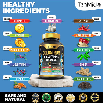 Tenmido Colostrum Supplement - 10in1 Formula - Combine with L- Glutamine, Turmeric, Cayenne Pepper, Apple Pectin, Probiotics, Ginger, and More - Digestive Health, Immune Support - 120 Capsules TenmidoBuy Supplements Australia