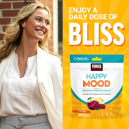 FORCE FACTOR Happy Mood, Mood Support and Mood Balance Supplement to Support Happiness, Positivity, and Stress, Made with Magnesium, Saffron, Zembrin, Non-GMO, Tropical Fruit Flavor, 30 Soft Chews Force FactorBuy Supplements Australia