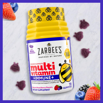Zarbee’s Complete Kids Multivitamin Gummies + Immune Support, Berry Flavor, Honey-Sweetened, Gluten-Free & Gelatin-Free, Vitamins A, C, D3, E, B6, B12,