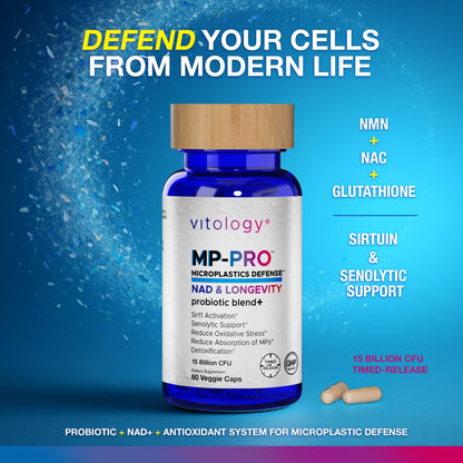 Vitology MP-PRO Microplastics Defense | 15 Billion CFU Probiotic + Antioxidant Blend | NMN, NAC, Glutathione, Resveratrol & Charcoal | Supports Cellular Detox, Longevity & Gut Health – 60 Capsules Vitology buy supplements Au