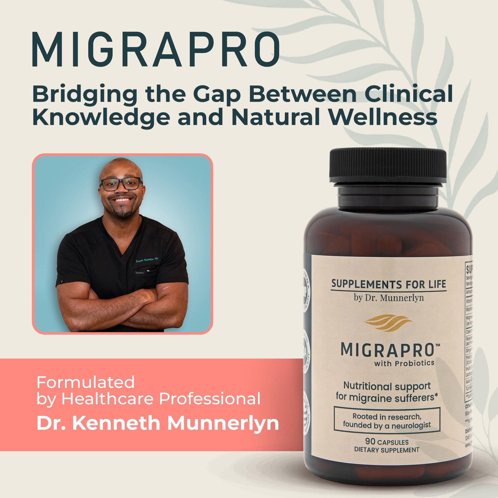 Dr. Munnerlyn MigraPro with Probiotics, Brain and Gut Health Support Supplement with Magnesium, Riboflavin, CoQ10, Ginger Root, Asian Ginseng, Vitamin C, Feverfew & Turmeric, Gluten Free, 90 Capsules Dr. Munnerlyn buy supplements Au