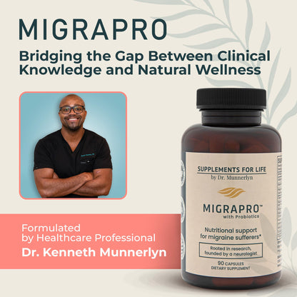 Dr. Munnerlyn MigraPro with Probiotics, Brain and Gut Health Support Supplement with Magnesium, Riboflavin, CoQ10, Ginger Root, Asian Ginseng, Vitamin C, Feverfew & Turmeric, Gluten Free, 90 Capsules Dr. Munnerlyn buy supplements Au