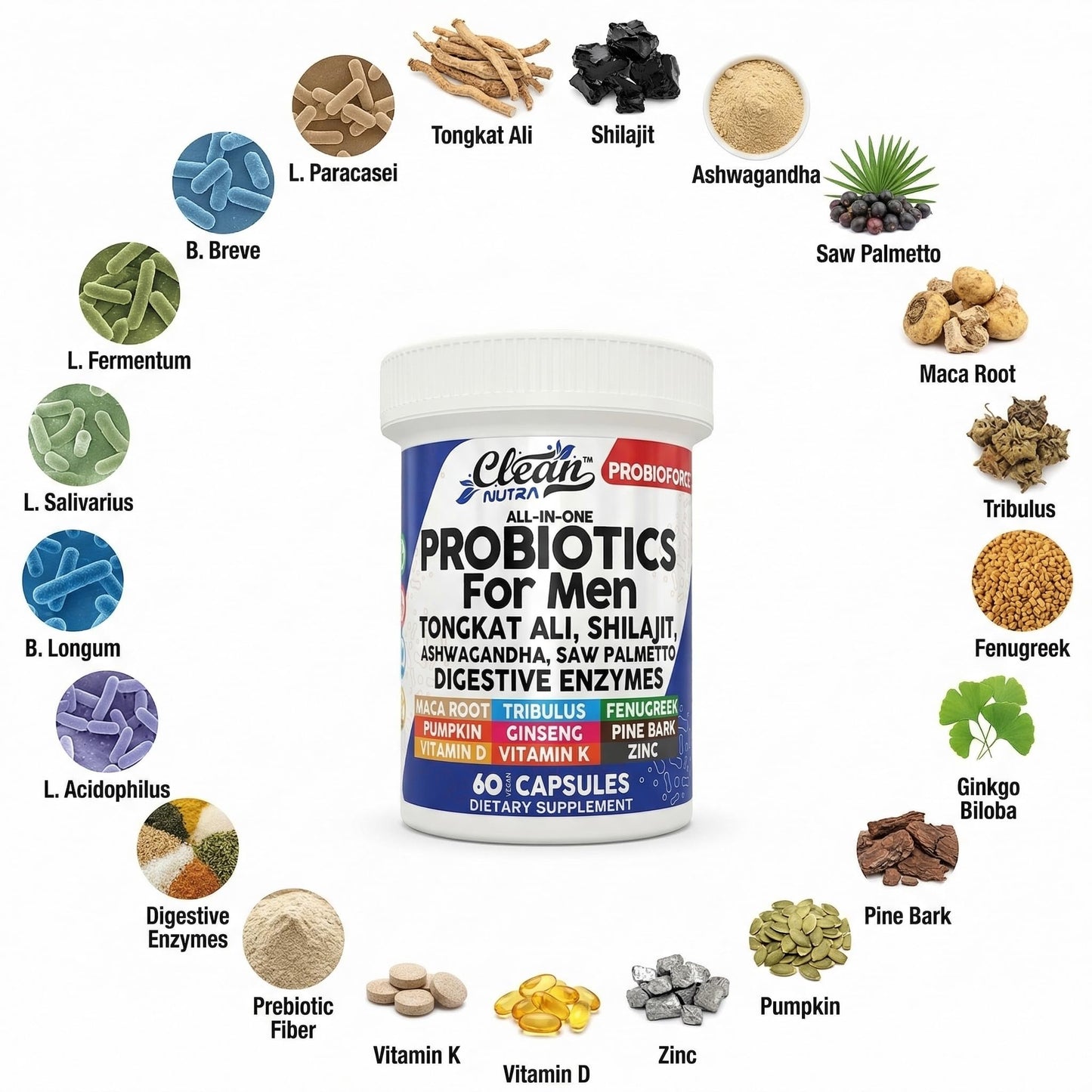 Clean Nutra Probiotics for Men | Tongkat Ali, Saw Palmetto, Tribulus, Ginseng, Ashwagandha, Maca, Pumpkin, Gingko Biloba, Pine Bark, Fenugreek, Shilajit, Zinc - Mens Probiotic 60 Capsules Clean NutraceuticalsBuy Supplements Australia