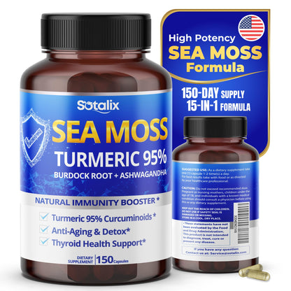Sea Moss supplement bottle with blue label and Sotalix branding on a white background