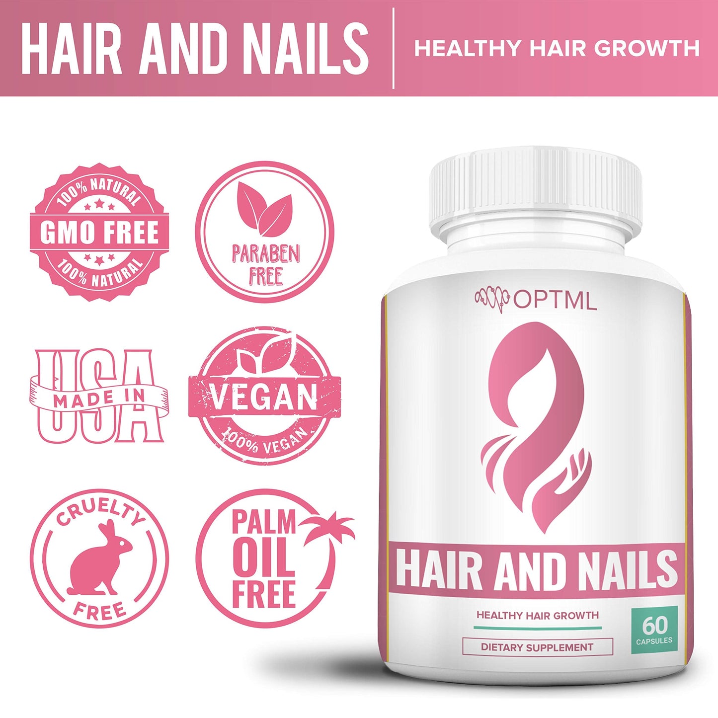 OPTML Hair and Nail Vitamins for Hair Growth and Thickness, Biotin-Infused Hair Pills, Hair Vitamins for Faster Hair Growth and Healthy Nails, for Women and Men, 60 Capsules OPTML buy supplements Au