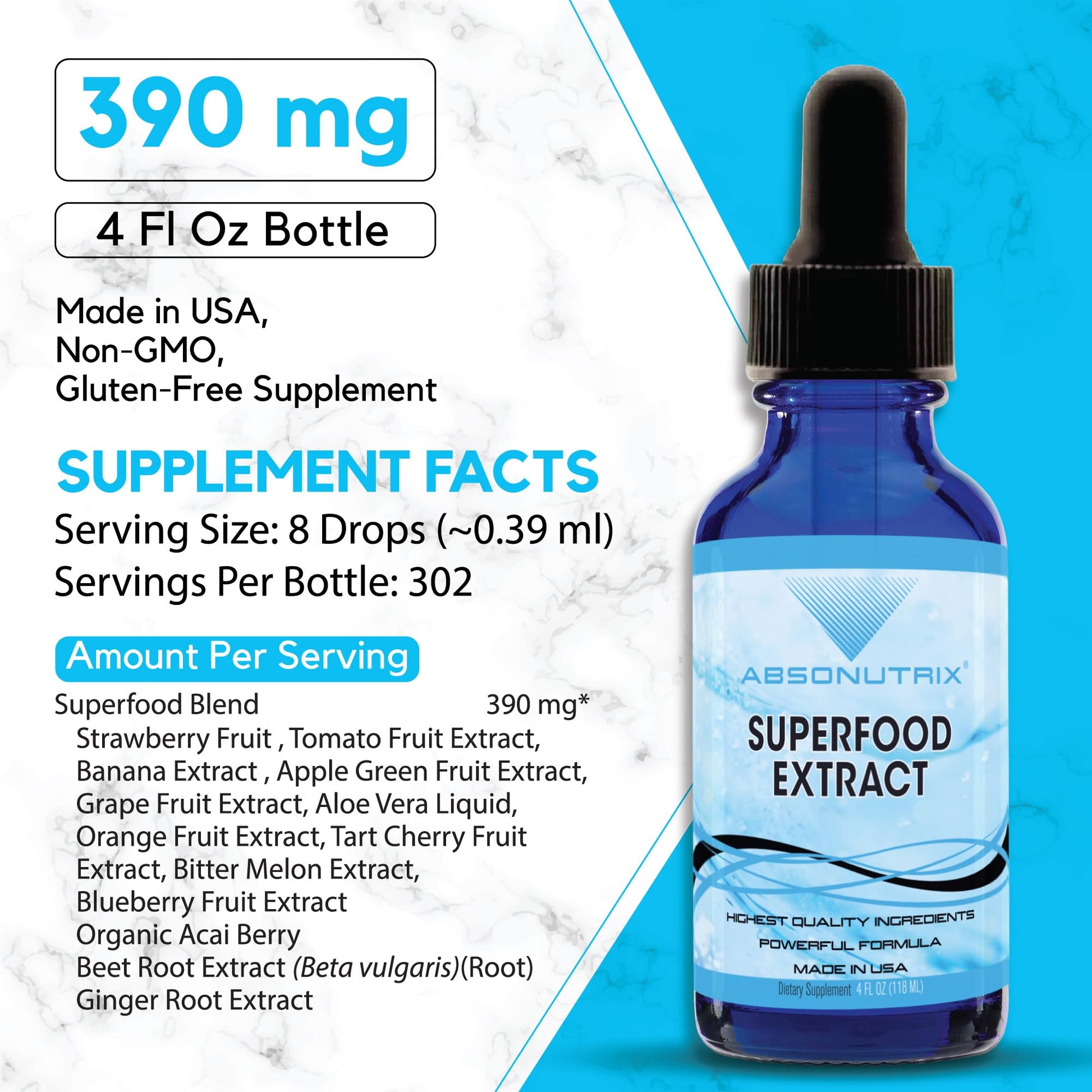 Absonutrix Superfood Extract 390 mg, 4 Oz Liquid, 302 Servings, Made in USA, Quick Absorption, Quality Potent Ingredients, Non-GMO, GMP Certified, Cruelty-Free Products Absonutrix buy supplements Au