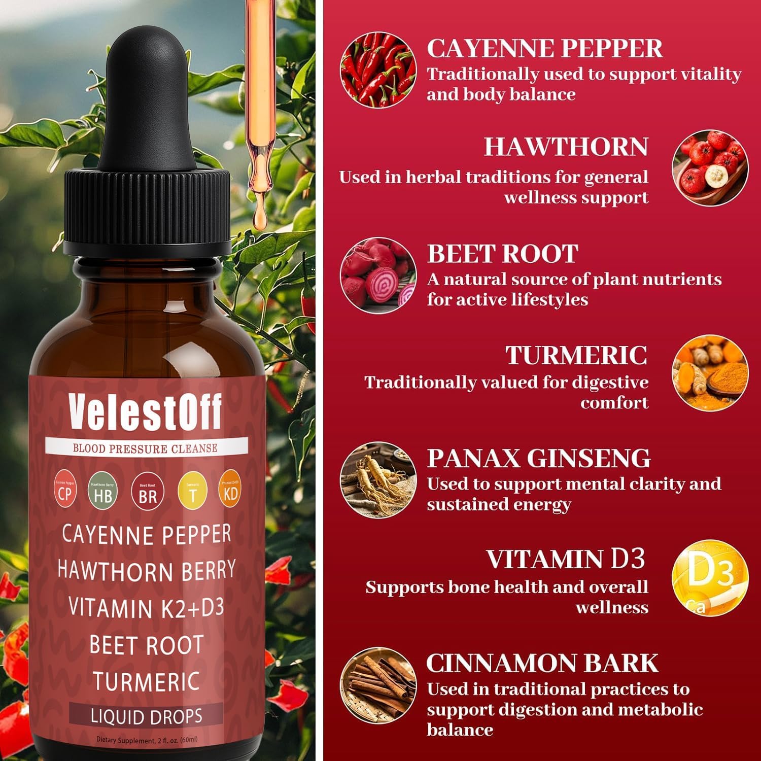 Velestoff Cayenne Pepper | Cayenne Heart & Circulation Blend – Botanical Extracts with Hawthorn, Beet Root, Turmeric, Vitamin K2 & D3 – Daily Wellness Drops (2 fl oz) (2) DFTLUUE buy supplements Au