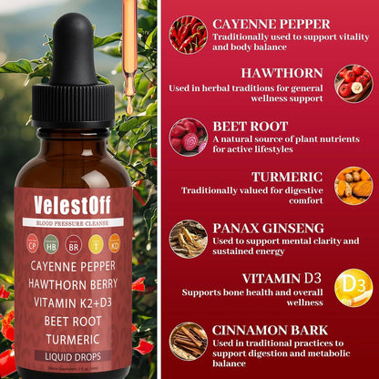 Velestoff Cayenne Pepper | Cayenne Heart & Circulation Blend – Botanical Extracts with Hawthorn, Beet Root, Turmeric, Vitamin K2 & D3 – Daily Wellness Drops (2 fl oz) (2) DFTLUUE buy supplements Au