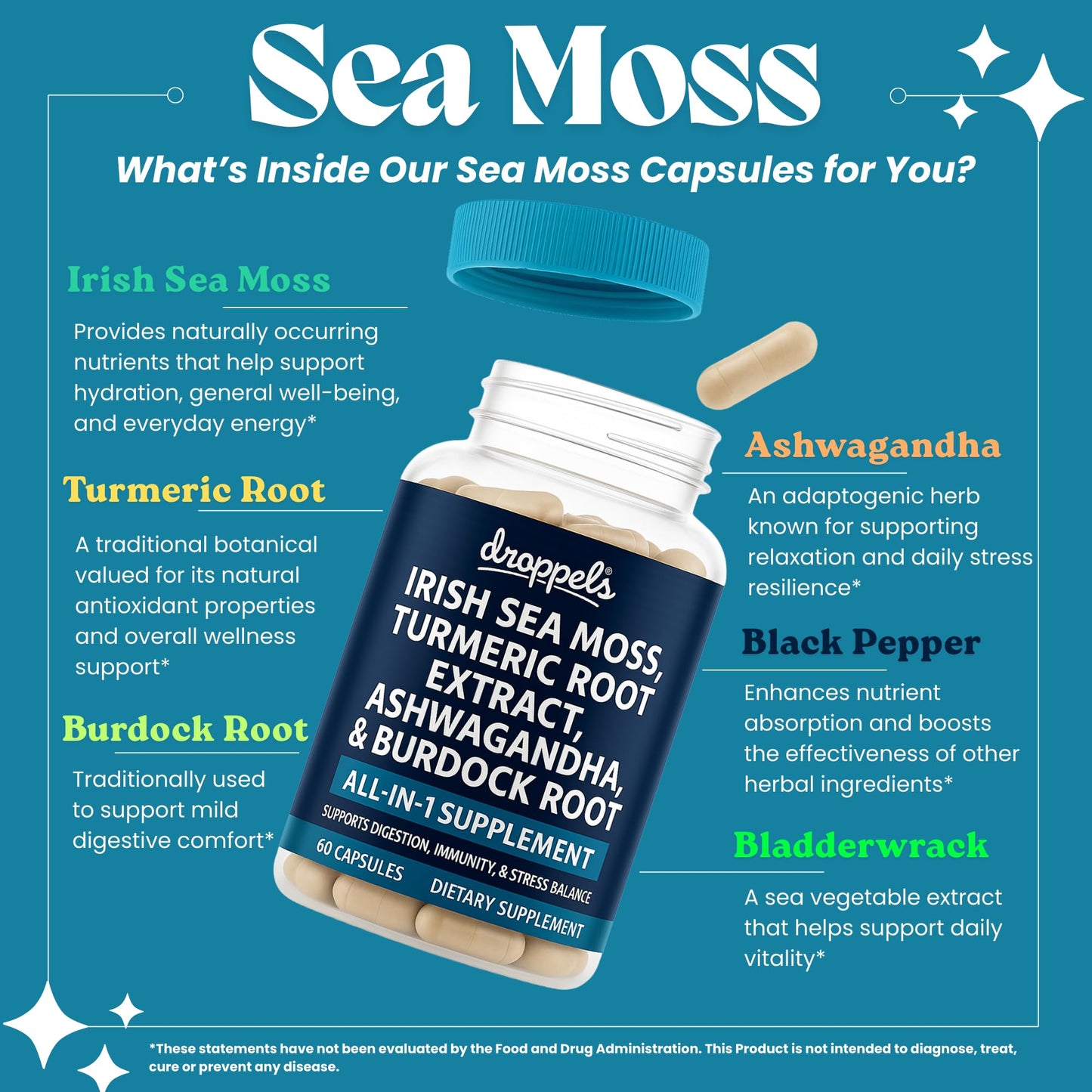 Droppels Irish Sea Moss Capsules with Turmeric Root, Ashwagandha, Black Pepper & Burdock Root – Natural Mineral Blend for Immune, Digestion, Joint & Energy Support – Vegan, Non-GMO – 60 Capsules Droppels buy supplements Au