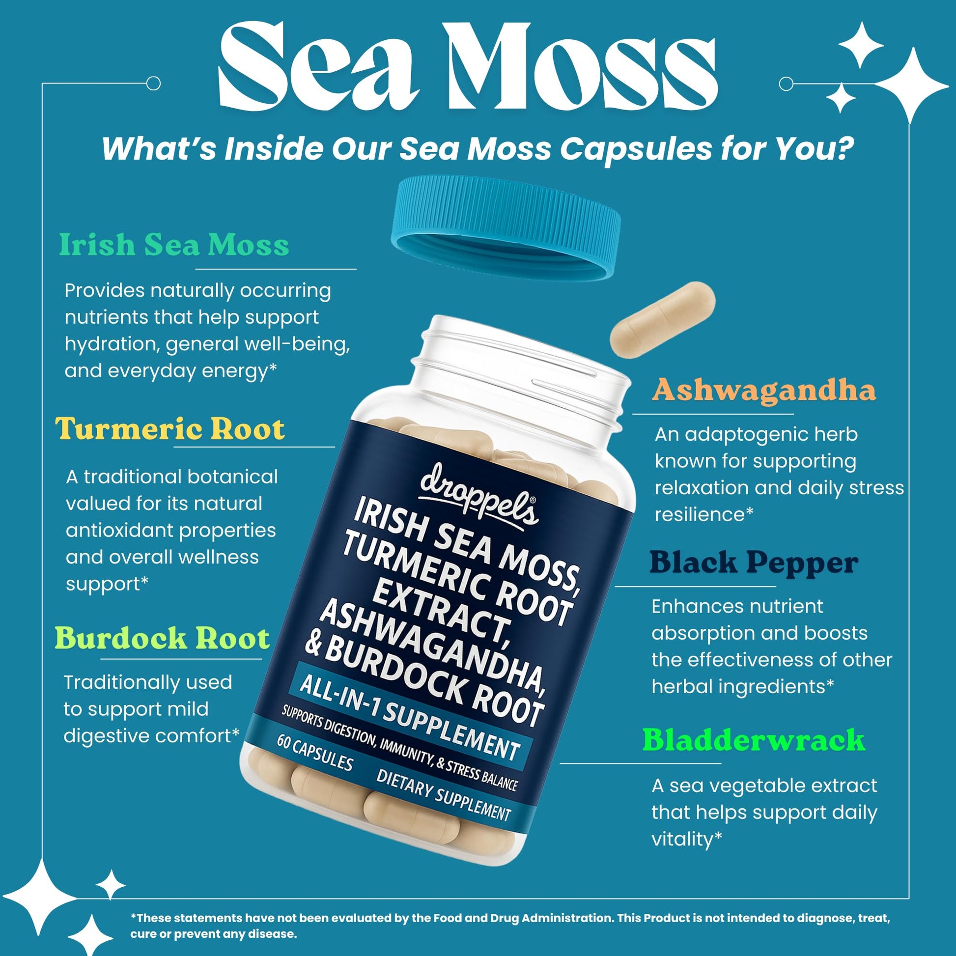 Droppels Irish Sea Moss Capsules with Turmeric Root, Ashwagandha, Black Pepper & Burdock Root – Natural Mineral Blend for Immune, Digestion, Joint & Energy Support – Vegan, Non-GMO – 60 Capsules Droppels buy supplements Au