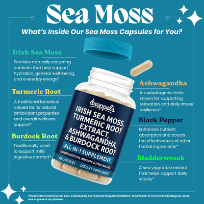 Droppels Irish Sea Moss Capsules with Turmeric Root, Ashwagandha, Black Pepper & Burdock Root – Natural Mineral Blend for Immune, Digestion, Joint & Energy Support – Vegan, Non-GMO – 60 Capsules Droppels buy supplements Au
