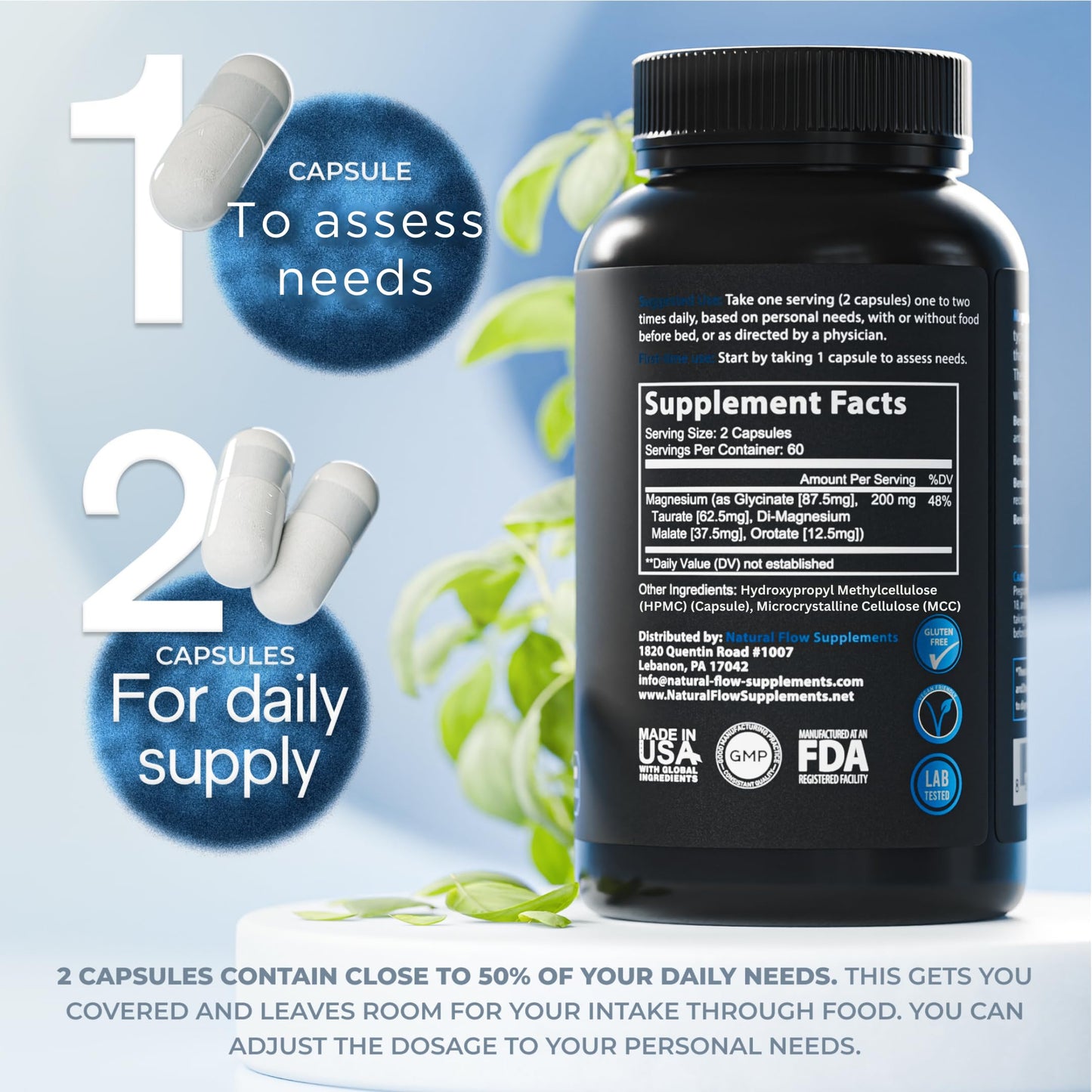 Natural Flow 4X Magnesium Supplement, Magnesium Glycinate, Taurate, Malate, Orotate Complex, Calm Sleep and Cramp Support Blend
