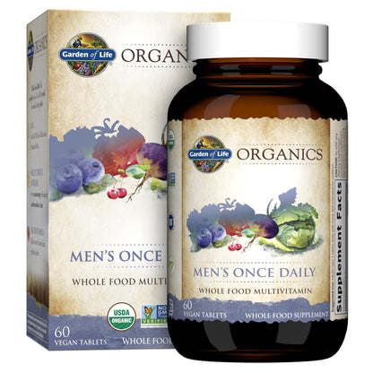 Garden of Life Organics Men's Once Daily multivitamin bottle and packaging on a white background
