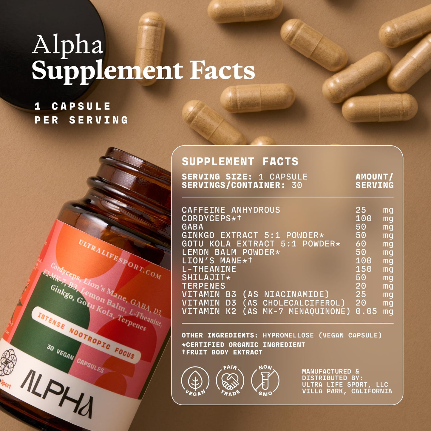 Ultra Life Sport - Alpha Nootropic - 30 Capsule Body and Brain Supplements for Memory and Focus - L-Theanine, B Vitamins, Lion's Mane, Cordyceps Mushrooms, Vitamin D3, K2 MK-7, Lemon Balm and Ginkgo Ultra Life Sport buy supplements Au