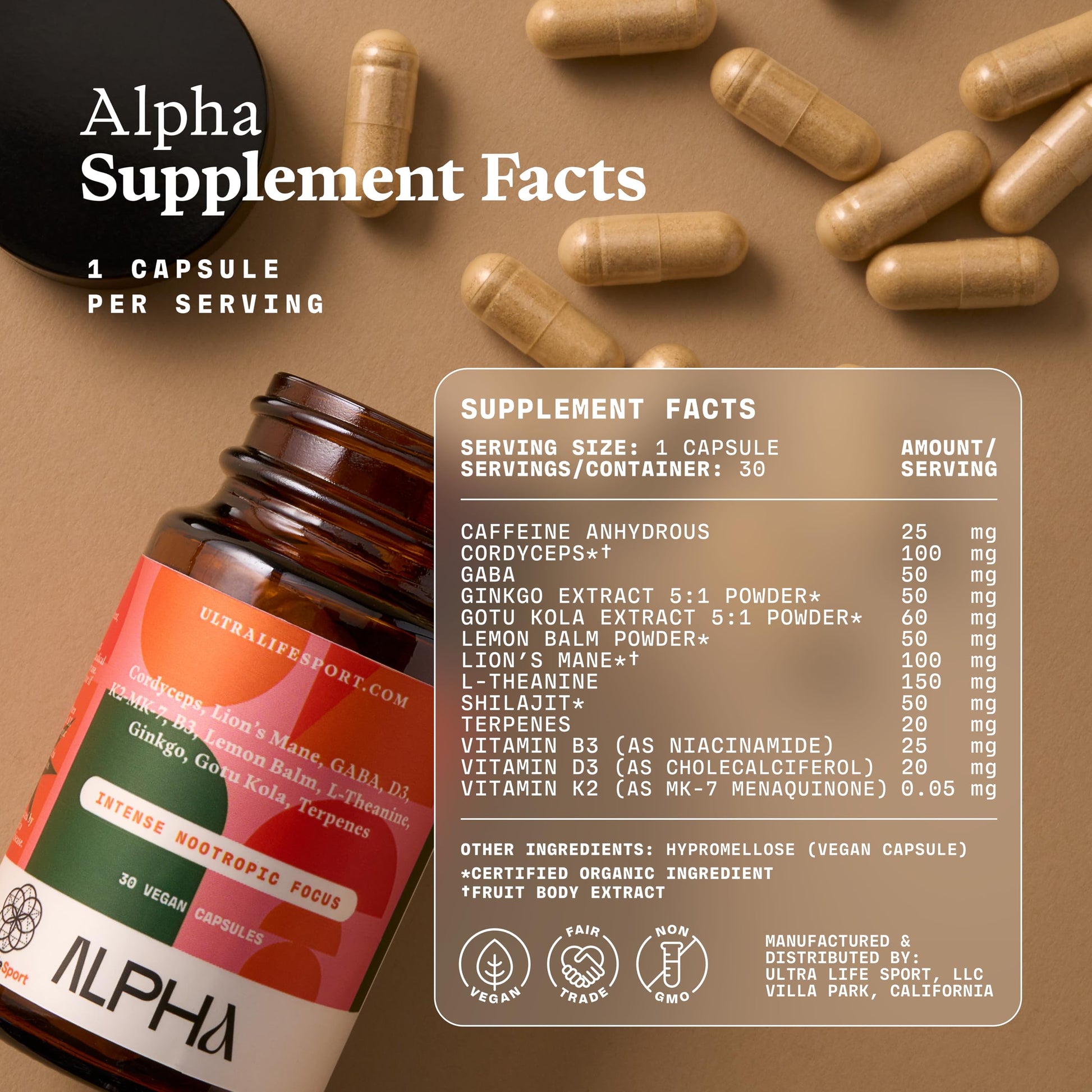 Ultra Life Sport - Alpha Nootropic - 30 Capsule Body and Brain Supplements for Memory and Focus - L-Theanine, B Vitamins, Lion's Mane, Cordyceps Mushrooms, Vitamin D3, K2 MK-7, Lemon Balm and Ginkgo Ultra Life Sport buy supplements Au