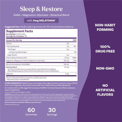 Natrol Sleep + Restore Magnesium Glycinate Blend Gummies with Melatonin 5mg - Calm Magnesium with GABA, Botanical Blend, Cherry Flavor, 60 Gummies NatrolBuy Supplements Australia