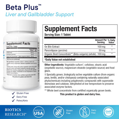 Biotics Research Beta-Plus™ Nutritional Ox Bile Salts Digestive Enzymes Supplement for Bile Production for No Gallbladder-Supports Overall Liver Function,