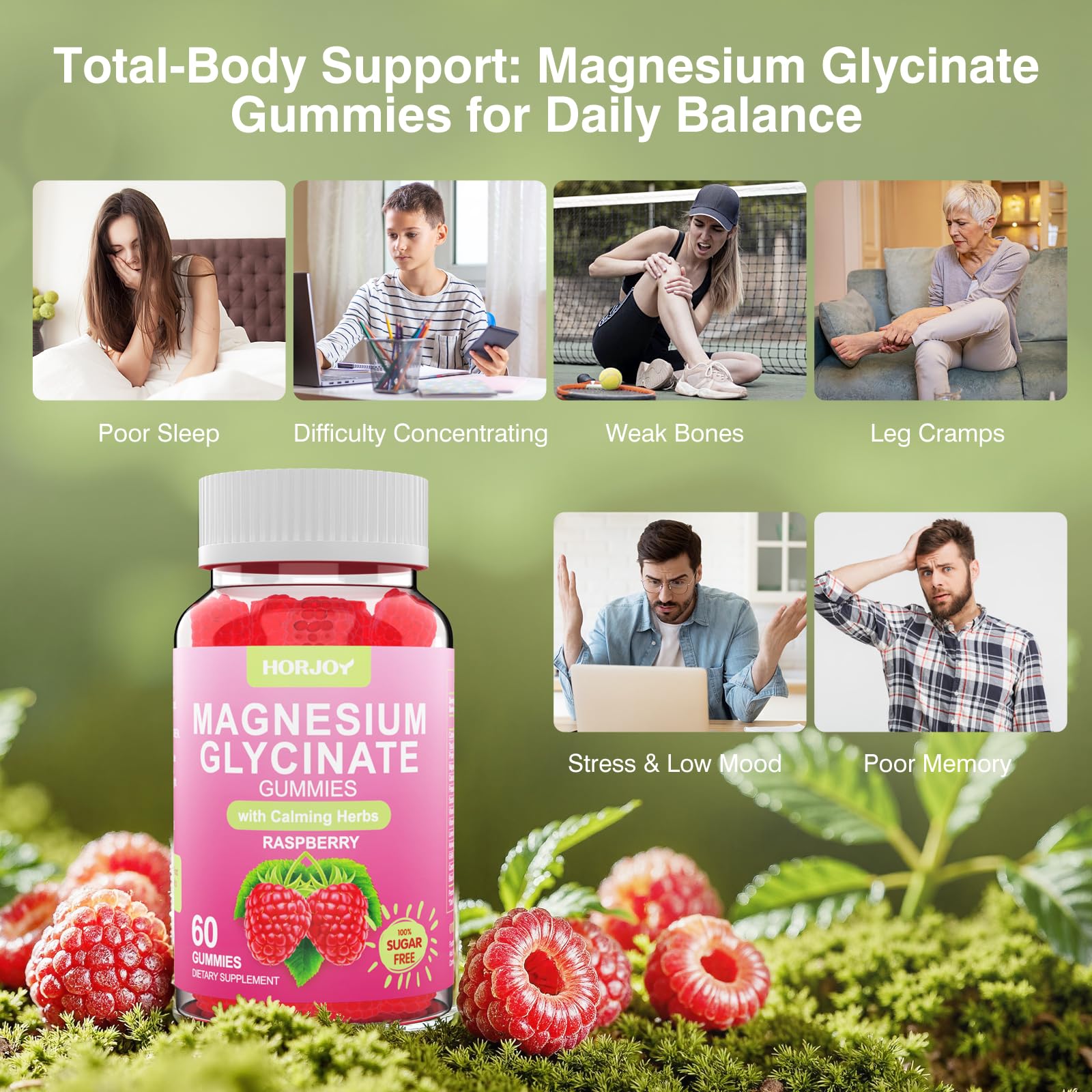 Magnesium Glycinate Gummies 600mg, Sugar Free Magnesium Gummies for Adults with Ashwagandha, Lemon Balm & GABA for Sleep, Mood Support and Relaxation, Vegan, 60 Raspberry HorjoyBuy Supplements Australia