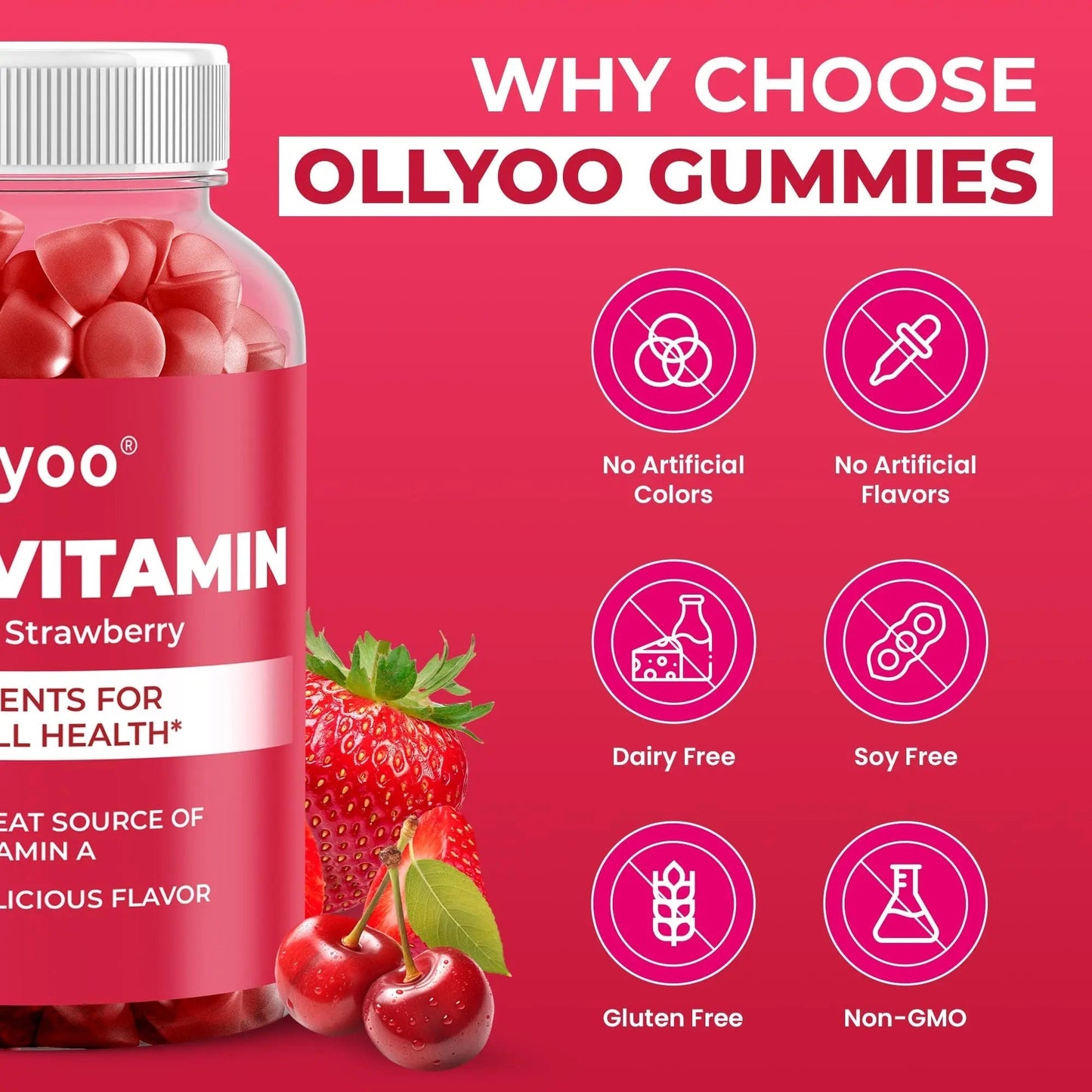Ollyoo Multivitamin Gummies for Adults | Cherry & Strawberry Flavor | Great Source of Vitamin A & Essential Nutrients | Ollyoo