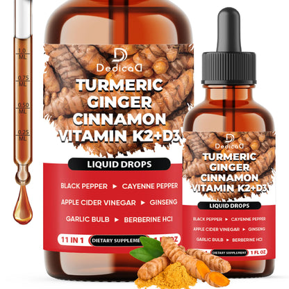 Turmeric Ginger Cinnamon Vitamin K2+D3 liquid drop bottles with dropper on a white background