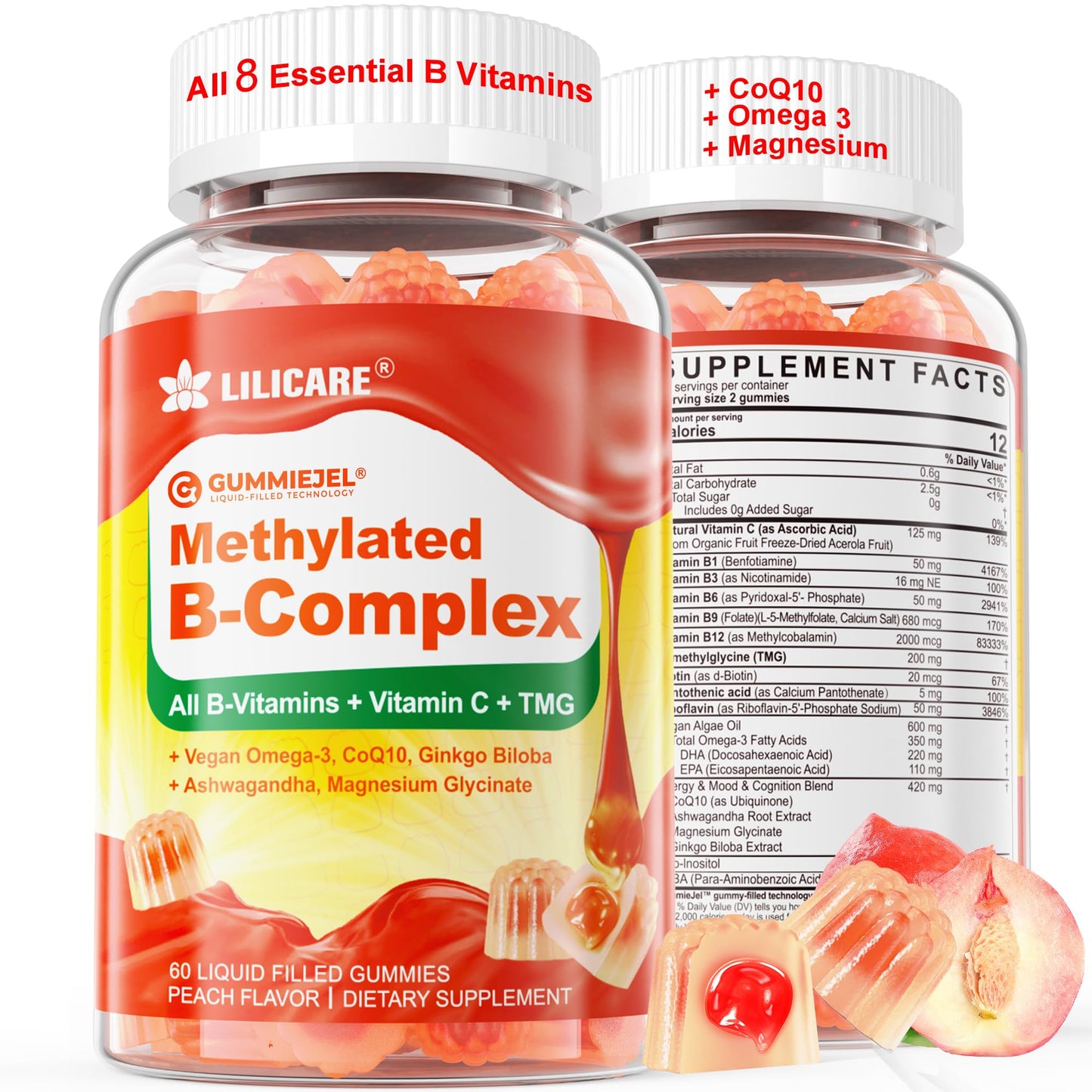 Super Methylated Vitamin B Complex Gummies - All B Vitamins + Omega-3, Magnesium, CoQ10, Ashwagandha,Vitamin C, TMG- For Women Men- Methyl B12 2000 mcg, Methylfolate