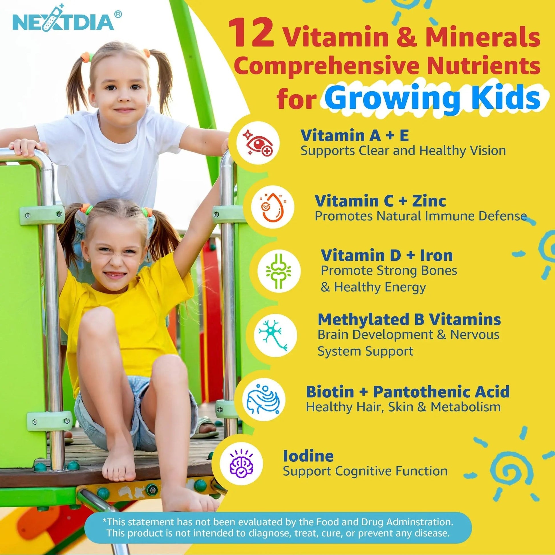 Kids Multivitamin Gummies with Iron, Sugar Free, Kids Daily Vitamins + Probiotics, Algae Omega 3 (EPA/DHA), A, C, D, Methyl B12, Folate, B6, Zinc, Biotin Nextdia